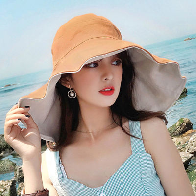 Laogeliang หมวกกันแดดสีตัดกันสำหรับผู้หญิงหมวกชาวประมงสองชั้นปีกกว้างพิเศษแฟชั่นฤดูร้อน