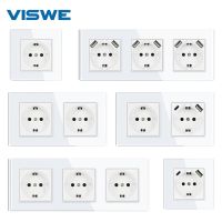 VISWE EU Standard Single Power Socket Light Switch แผงกระจก USB Double Outlet Triple Wall Sockets ติดตั้งซ็อกเก็ตสี่เท่า☺