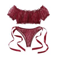 Plus Size Sensual Lingerie Woman y Off-shoulder Lace Bra And Thongs Underwear Set Transparent Lingerie y Sleepwear