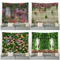 【CW】✆  Flowers Tapestry Fence Pink Floral Wall Hanging Garden Scenery