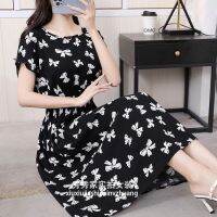 กระโปรงชายหาดสำหรับสุภาพสตรี Cotton silk floral dress women 2023 summer new short-sleeved mid-length waist-covering belly-covering artificial cotton beach skirt