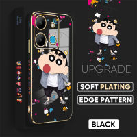 ฟรีสายคล้อง + เคสโทรศัพท์เซลล์สำหรับ Infinix Smart 7 X6515การ์ตูนน่ารักสีเทียนหน้าแข้งปลอกลวดลายขอบสี่เหลี่ยมชุบเคสโทรศัพท์สุดหรูชุบเคสโทรศัพท์นิ่ม