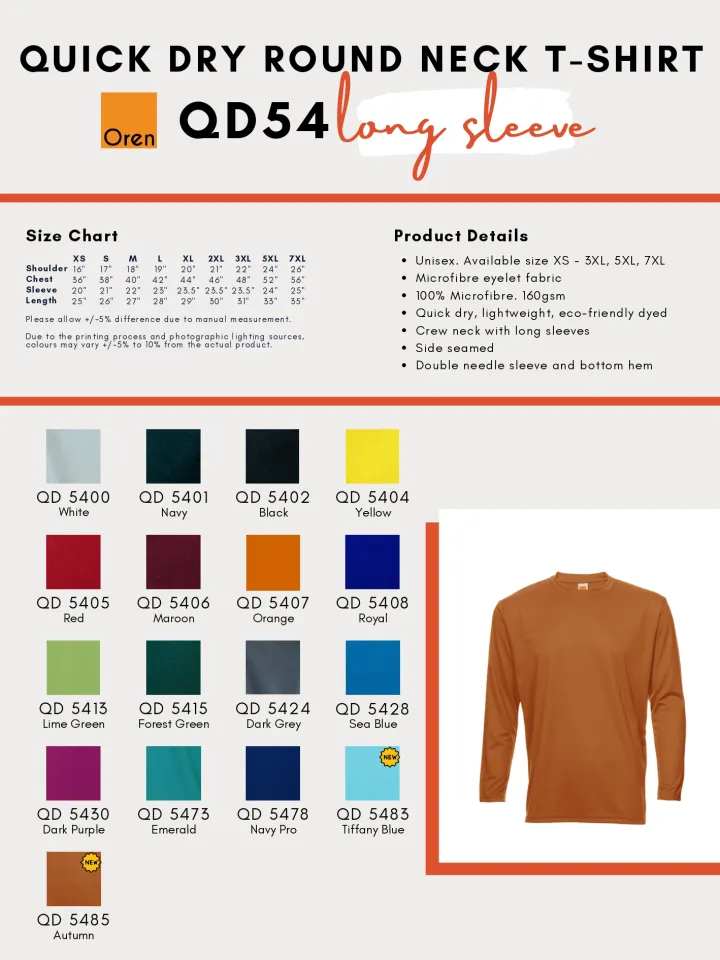 oren sport quick dry size chart