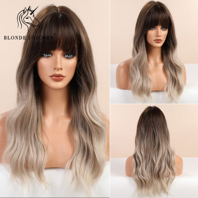 BLONDE UNICORN Long Wavy Synthetic Hair Wigs Ombre Light Grey Blonde For Women Natural Wig Hair with Bangs Heat Resistant Fiber