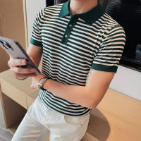 2023ผู้ชายฤดูร้อนผ้าไหมน้ำแข็งแขนสั้นเสื้อโปโลชาย Slim Fit Stripe Casual คุณภาพสูงเสื้อโปโล Plus ขนาด S-4XL