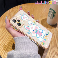 Jlingji เคสสำหรับ Realme C35 C31 Narzo 50A Prime GT Neo3 Q5i Narzo 50i Prime เคสกระต่ายสีขาวน่ารักการ์ตูนกรอบสี่เหลี่ยมหรูหราเคสมือถือซิลิโคนกันกระแทกด้านหลังเคสป้องกันเลนส์กล้อง