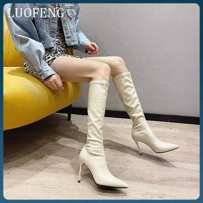 COD dsdgfhgfsdsss Fashion White Long Boots Womens Pointed Toe Stiletto High Heels Boots Slim Stretch Martin High Leather Boots