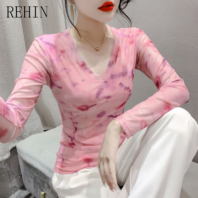 REHIN เสื้อยืดคอวีสลิมฟิตแขนยาวสำหรับผู้หญิง,เสื้อมาใหม่ล่าสุดแฟชั่น