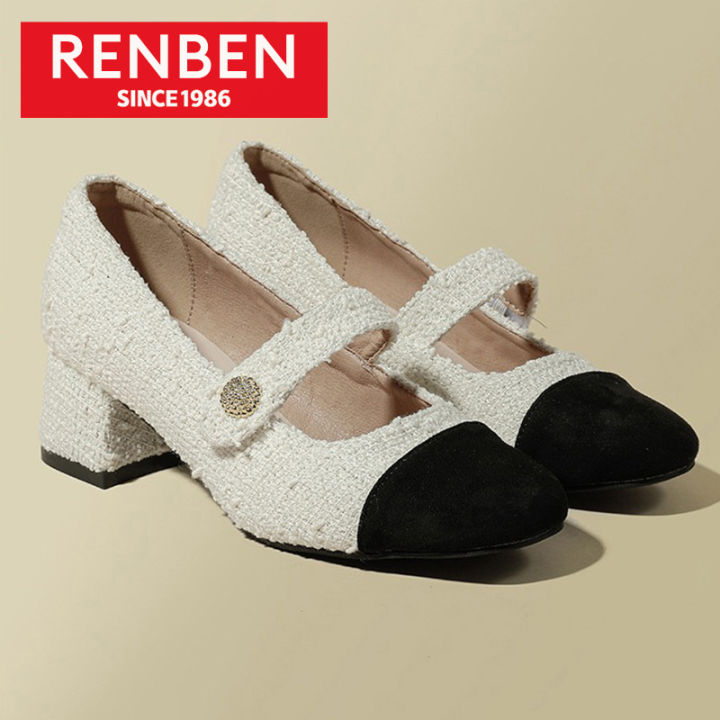 renben-รองเท้าแฟชั่นผู้หญิง-รองเท้าแฟชั่นส้นหนาหัวสี่เหลี่ยมใหม่หัวเข็มขัดคำเดียวกับ-mary-jane-กลิ่นหอมขนาดเล็กทำจากผ้าขนสัตว์