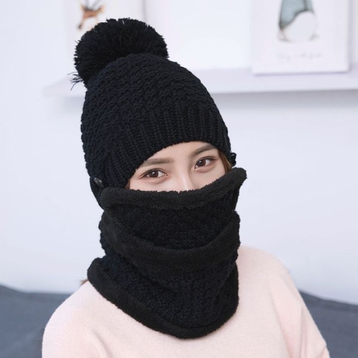 ชุดหน้ากากผ้าพันคอหมวกฤดูหนาวถักหนาหมวกสกีหมวกและผ้าพันคอสำหรับผู้หญิง1ชุด-3ชิ้น-สินค้าต่างประเทศ