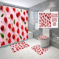 Bernicl Cherry Shower Curtain 4 Pcs Set Red Berries Fruits Food Bathroom Non-Slip Bath Mat Waterproof Toilet Cover