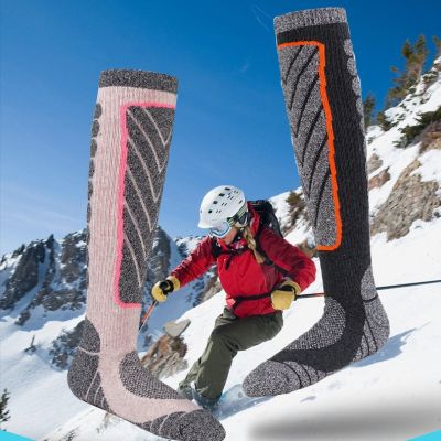 ผู้ใหญ่หนาถุงเท้าสกีที่อบอุ่นผู้ชายฤดูหนาวสูงกลางแจ้งภูเขากีฬาสโนว์บอร์ดเย็บปะติดปะต่อกันลาย Merino ผ้าขนหนูนุ่มเทอร์รี่เดินป่า