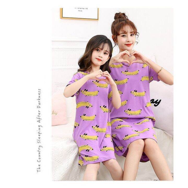 ready-stock-cotton-kids-dress-korean-girl-nightdress-short-sleeve-kids-pyjamas-girl-pajamas-parent-child-dress-baby-girl-dress-mom-dress-mother-and-daughter-sleepwear-nightwear-kids-sleepwear