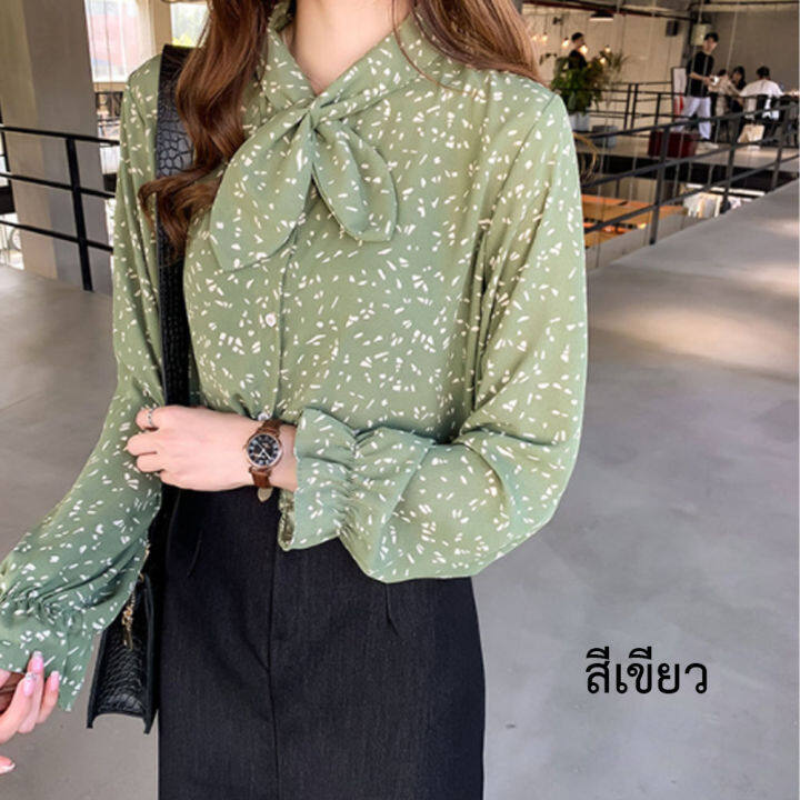 เสื้อเชิ้ต-ผ้าชีฟอง-ผูกโบว์ที่คอ-ใหญ่-แขนยาว-สำหรับผู้หญิง-ขายส่ง