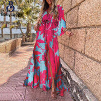 95%polyester+5%spandex Summer Fashion Print Bomish Beach Casual Long Dress【fast】