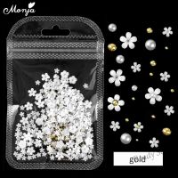 【hot sale】 ✎✵ B50 Monja 1Bag 3D White Flower Mixed Size Rose GoldSilver Steel Balls Pearls Resin Petal 3D Charms Acrylic DIY Manicure Accessories