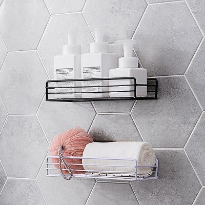 【CW】 T wrought iron bathroom shelf shower gel self adhesive toilet free punched basket wall hanging storage