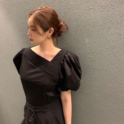 ‘；’ MEXZT Korean Elegant Chic Blouse Women Summer Pleated Puff Sleeve Shirts Office Lady Fashion Slim Solid Folds V Neck Chic Tops