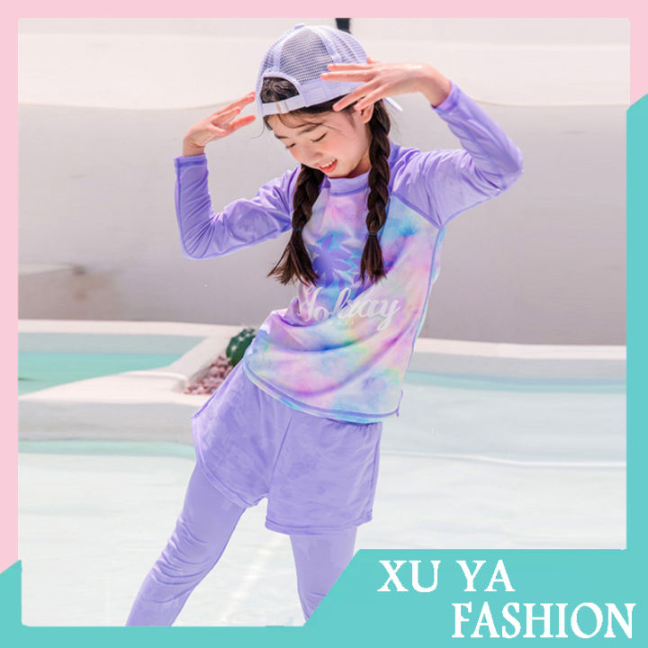 2pcs-girls-swimsuit-long-sleeved-split-fake-two-piece-swimwear-round-neck-tops-trousers-high-elastic-swimsuit-sunscreen-wear