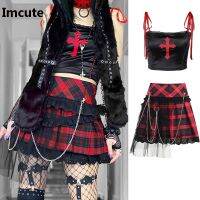 【Feb】 E-girl Gothic Plaid Pleated Skirt Mesh Lace Patchwork with Metal Chains Harajuku Grunge Dark Academia High Waist Mini Skirts