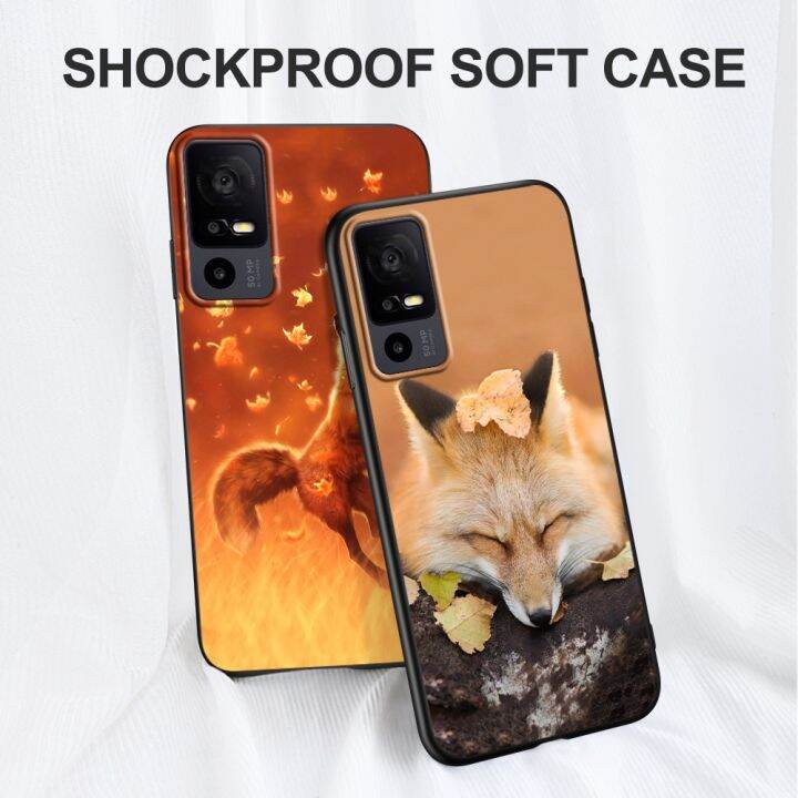 cute-case-for-tcl-40r-5g-case-back-phone-cover-protective-soft-silicone-black-tpu-fox-autumn-leaves