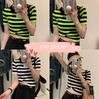 DD SHOPพร้อมส่ง 0566 เสื้อไหมพรมแขนสั้น คอมกลมดีเทลลายทางน่ารัก