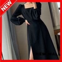 NEW MALL Little Black Dress Long Sleeve Dress Female 2022 New Autumn And Winter Square Collar Solid Color Long Skirt