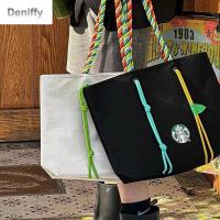 DENIFFY Starbucks สายรัดสีความจุขนาดใหญ่กระเป๋าผ้าใบตัวอักษรแบบพกพากระเป๋าช้อปปิ้งผู้หญิง