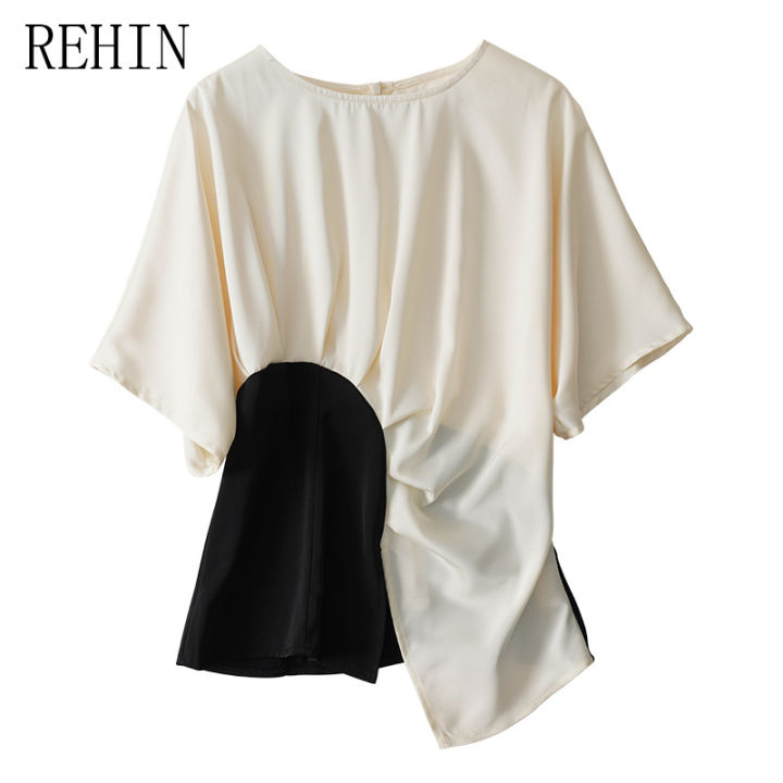 rehin-คอกลมฤดูร้อนแขนสั้นลายออกแบบที่ผิดปกติเสื้อผู้หญิงสายรัดเอวผ้าซาตินสีตัดกัน