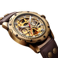 Vintage Men Automatic Mechanical Watch Bronze Case Gold Skeleton Dial Steampunk Leather Self Winding Male Mens Wristwatch Clock