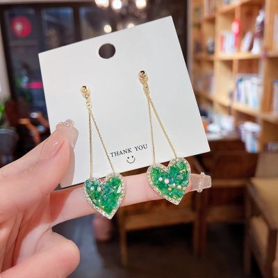 [COD] 925 silver needle emerald heart earrings with diamonds European and long tassel fashion high-end crystal