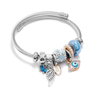 2020 New Women 39;s Bracelet Jewelry Stainless Steel Wire Evil Eye Wing Charms Cuff Bracelets Bangles Silver Color Ethnic Armband