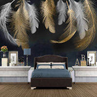 【CW】Custom ภาพจิตรกรรมฝาผนังวอลเปเปอร์ตกแต่งบ้าน3D โมเดิร์น Creative Golden White Feather ภาพ Fresco ห้องนั่งเล่นห้องนอน Wallpaper