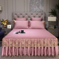 ❐ Satin Silk Bed Skirt Lace Decor Bedding Mattress Cover Luxury Bedspread on The Bed Solid Anti Slip Sheet Bed Linen