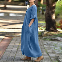 Plus ขนาด Denim ผ้าฝ้าย Maxi ชุดผู้หญิง Haif แขน O คอกระเป๋า Casual Robe 2023ฤดูร้อนสีฟ้าขนาดใหญ่ Streetwear Vestidos