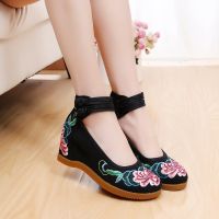 Comemore Womens Wedged Canvas Chinese Shoes 7cm Hidden High Heel Platforms Flower Embroidered Ankle Strap Ladies Cotton Pumps