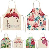 [TIN Household Products] Flamingo Leaf Pink Pattern Print Linen Apron Home Cooking Baking Coffee Shop Cleaning Apron Kitchen Household Cleaning Tools