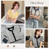 Mira-shop เสื้อไหมพรมคอปกกระดุมหน้าแต่งขอบสีน่ารักสไตล์เกาหลี   47048