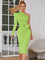 Vestido Midi De Malha Um Ombro Feminino Chique E Elegante Manga Comprida Com Bodycon Passarela Festa À Noite Sexy Na Moda