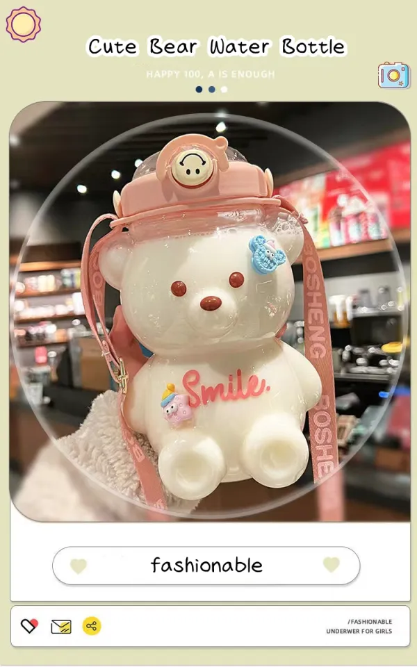 1000/1400ml Cute Bear Water Bottle With Straw Plastic Kawaii Water Jug  Juice Milk Bubble Tea Portable Gym Drink Bottle BPA Free