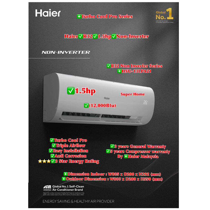 Haier Non Inverter Aircond Haier R32 Turbo Cool Pro Series Non Inverter