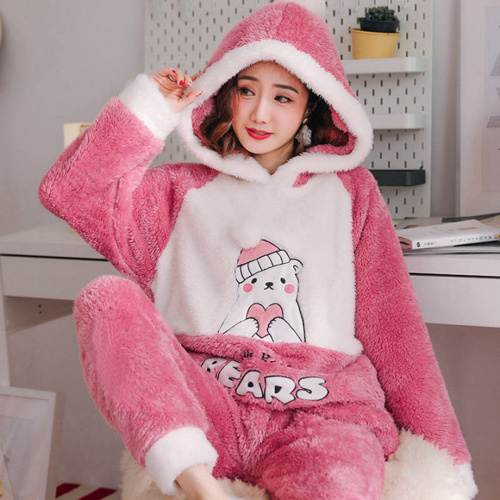2021autumn-winter-women-pajama-set-home-suit-clothes-sleepwear-thick-warm-nightgown-female-cartoon-panda-animal-pajamas-homewear