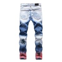 COOL Chaopai Fashion High Street Chaomens 3D Stripped Coconut Tree Pant Hem Colorful Spray Knee Hole High Elastic Slim Fit Jeans