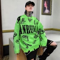 【YD】 Ripped Hole Punk Hip Hop Sweater Men Color Oversized Pullover Korean Graffiti Jersey Hombre