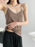 Striped Camisole Womens Slim Fit Inner Wear Sexy SpringSummer Loose V-neck off-Shoulder Fashion Knitwear Top