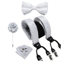 หรูหราผ้าไหมสีขาวผู้ชาย Suspenders ปรับ6คลิปวงเล็บ DiBanGu หนังโลหะ Pre-Tied Bow Tie เข็มกลัดกระเป๋าสแควร์ชุด