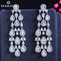 SEQUITO Gorgeous Pear Cutคริสตัลหยดน้ำต่างหูPave Cubic Zirconiaการตั้งค่าผู้หญิงยาวแขวนเครื่องประดับพรหมอุปกรณ์งานปาร์ตี้CSE302