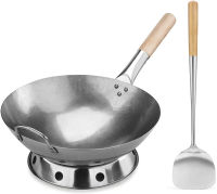 New Star Foodservice 1028720 Carbon Steel Pow Wok Set with Wood and Steel Helper Handle, Hand Hammered, including 14" Round Bottom Wok, Wok Rack/Ring, and Spatula (แนะนำให้ล้างมือ)