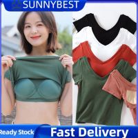 SUNNYBEST เสื้อยืดบุนวมแขนสั้นสำหรับผู้หญิง,เสื้อยืดกีฬาคอวีระบายอากาศลำลองพร้อมแผ่น