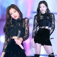 【LZ】✤✒  Kpop Jennie colete curto preto para mulheres mini saia de veludo top oco sexy de renda camisa de manga comprida trajes de dança jazz novo 2022